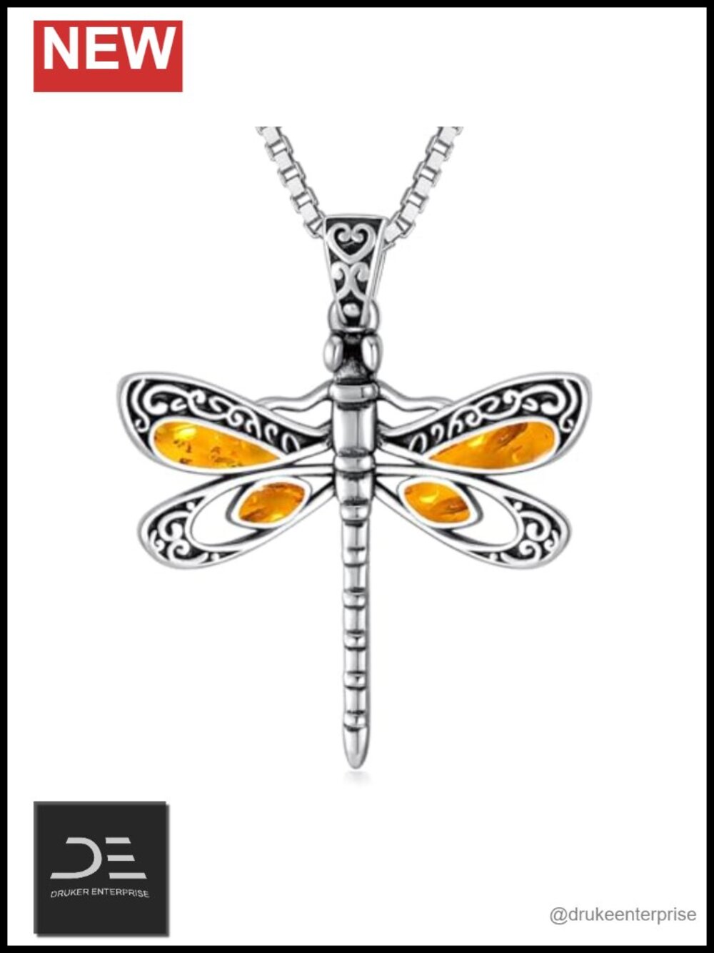 Dragonfly Genuine Amber Pendant Necklace 925 Sterling Silver Oxidized Animal